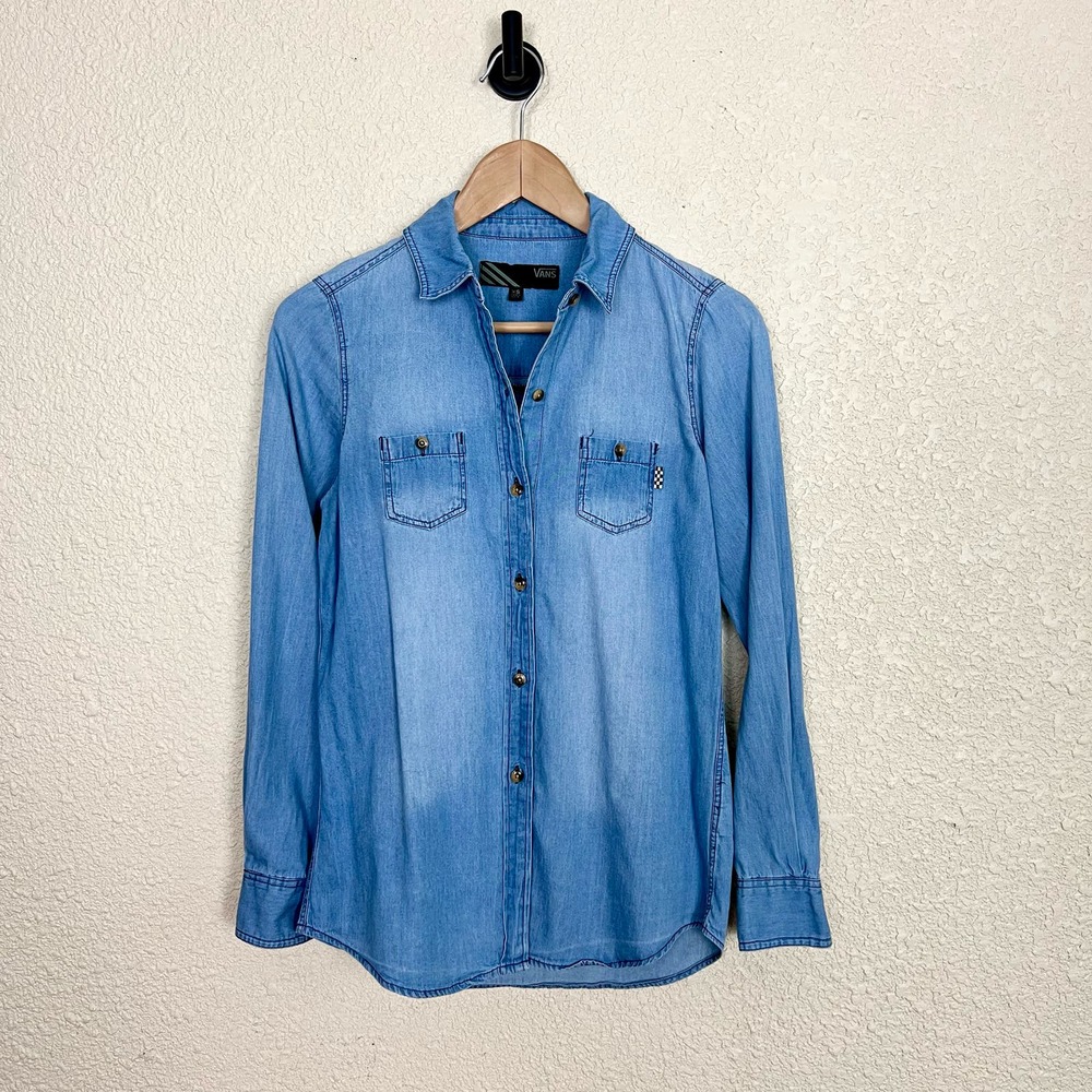 Vans Chambray Button Down Top Womens Xs Blue Coll… - image 4